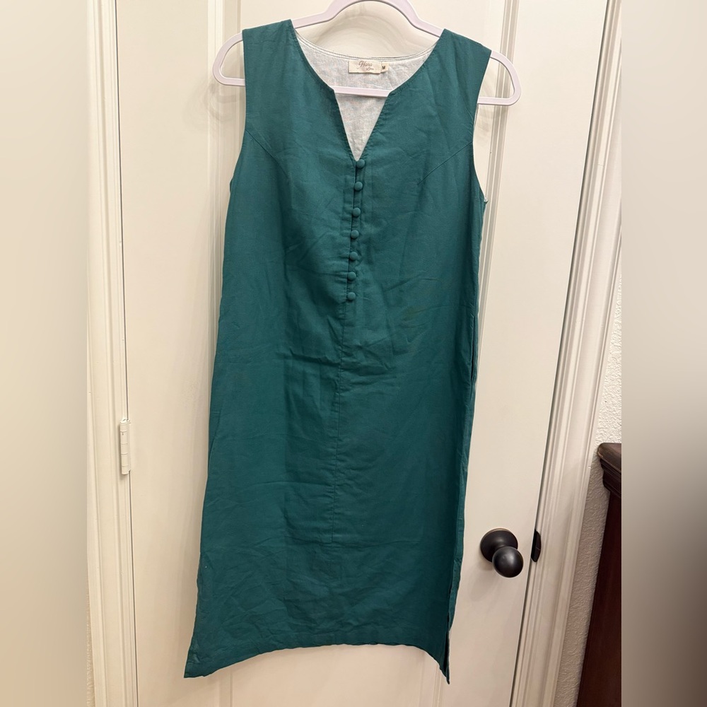 Hana Linen Dress Green Sleeveless Lined Size Medium